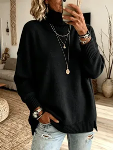 Femme pull oversized uni a col roule avec fente laterale tricot decontracte manches