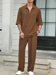 Men casual two piece outfit solid color short sleeve shirt and long pants brown texture summer wear