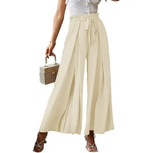 High-waisted pleated wide leg pants detail, elegant beige trousers with bow tie belt.