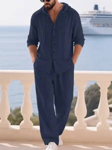Men's casual navy blue linen hooded long sleeve shirt and matching trousers set for daily wear.