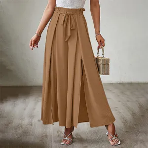 Elegant high waist bow tie wide leg trousers with slit for women summer wear detail