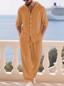 Men's Casual Linen Hooded Long Sleeve Shirt And Matching Pants Summer Beach Sets