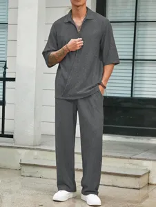 Men's casual two-piece set short sleeve shirt and long pants solid color commuter outfit