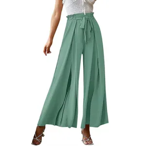 Elegant high-waisted wide-leg trousers with bow tie belt and split hem detail for women.