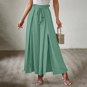 Sage green high waist wide leg pants with bow tie detail, elegant spring summer casual trousers.