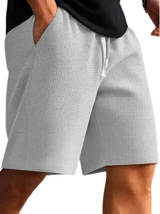 Men's waffle knit casual shorts in light grey, perfect for summer beach and sports wear.
