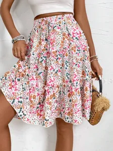 Donna estate stampa floreale gonna a balze casual boho spiaggia gonna midi con vita elastica.
