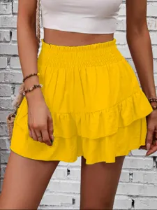 Summer high waist tiered ruffle shorts skirt detail, elegant casual drape skort for women.