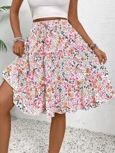 Gonna midi a balze floreali estiva da donna, vita alta casual stile boho fluido.