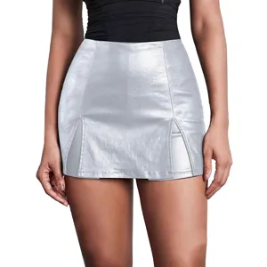Zilveren metallics PU lederen minirok, lage taille, sexy aansluitende korte damesrok.