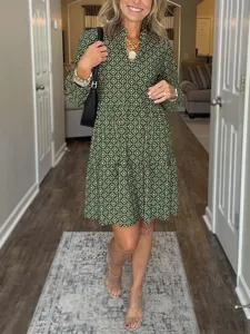 Green V-neck Long Sleeve Geometric Print Casual Dress for Women Fall Fashion Outfit