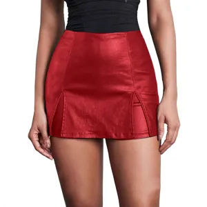Rode PU lederen minirok voor dames, metallic glanzende lage taille slanke A-lijn rok