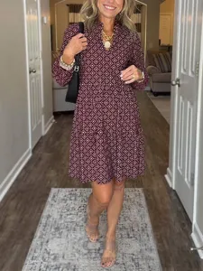 V-neck geometric print tiered midi dress with three-quarter sleeves for women's daily wear.