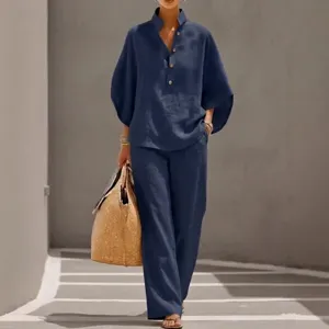 Women summer casual loose solid color button up top and wide leg pants set chic clothing