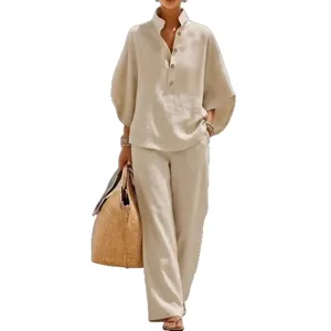 Summer casual two-piece linen set, loose solid color batwing sleeve shirt and wide-leg pants.