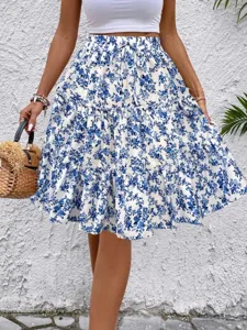 Donna estate blu stampa floreale gonna lunga a balze casual stile dettaglio vista