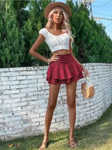 Γυναικείο καλοκαιρινό casual σετ λευκό crop top και κόκκινη φούστα με πουά σχέδιο