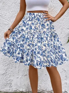 Donna Estate Gonna A Fiori Blu Balze Coulisse Vita Alta Casual Boho Gonna Midi
