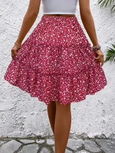 Estate donna casual rosso stampa floreale mini gonna a strati vita alta volant moda