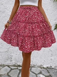Donna estate rosso floreale mini gonna a balze casual vita alta boho spiaggia vacanza moda