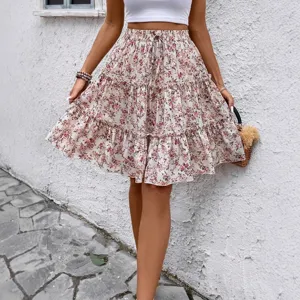 Gonna Midi a Balze con Stampa Floreale Estiva da Donna Vita Alta Coulisse Gonna Lunga Casual