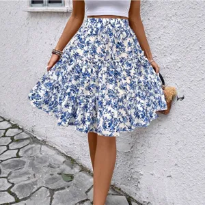 Gonna midi floreale a balze da donna, elegante gonna casual bohemien con vita elastica.