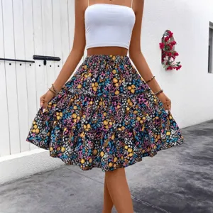 Gonna midi a balze floreali estiva da donna, gonna boho casual a vita alta elegante.