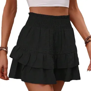 Black high-waisted tiered ruffle shorts casual draped skort summer fashion main view.
