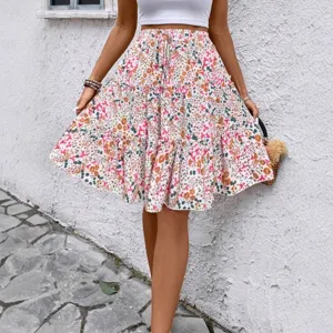 Donna estate floreale a balze gonna casual vita alta boho svasata spiaggia vacanza