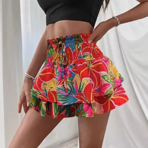 Γυναικείο καλοκαιρινό floral σορτς με βολάν και ψηλή μέση casual παραλίας φούστα σορτς.