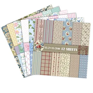 Detail view of 12 patterns of floral and plaid vintage scrapbook paper 15.2x15.2cm