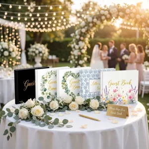 Collezione elegante libro degli ospiti matrimonio con penna d'oro e targa tavolo