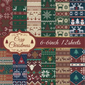 Cozy Christmas 6x6 inch decorative scrapbook paper set with 12 Nordic knit patterns