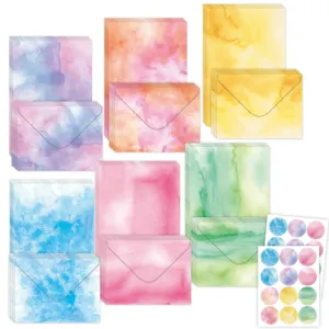 72-piece watercolor stationery set with envelopes and stickers in 6 vibrant colors