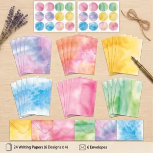 Detail view of watercolor stationery set including 24 writing papers and envelopes