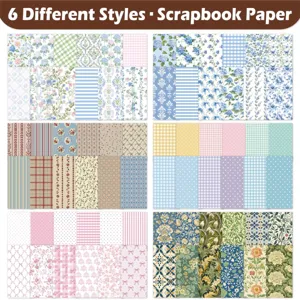 Detailed overview of 6 different vintage and floral patterns of scrapbook paper sheets