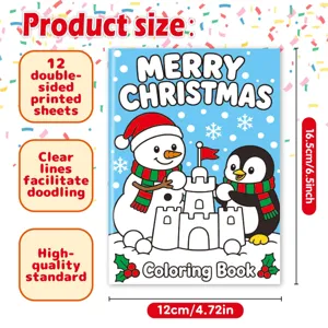 Detailed view of Christmas coloring book showing dimensions and 12 printed sheets