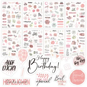 250-piece pink birthday stickers set with festive German and English text for scrapbooking