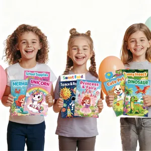 Set of assorted children's cartoon coloring books held by happy kids with balloons