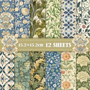 Assorted vintage botanical floral patterns for scrapbook background paper, 15.2x15.2cm set