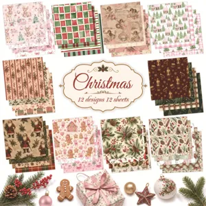Detailansicht von 12 festlichen Weihnachtspapier-Designs für Scrapbooking und Basteln.