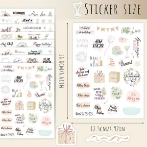 Dimensions of watercolor birthday stickers sheet for scrapbooking measuring 16.8x12.5cm