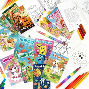 Detailed view of children's cartoon coloring book set with various animal themes and crayons