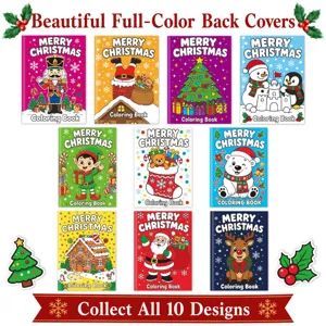 View of 10 different festive Christmas coloring book designs for kids.