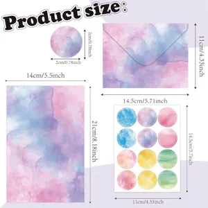 Detailed dimensions of watercolor stationery set including letter paper and envelopes