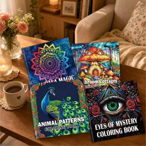 Vibrant covers of four stress-relief coloring books including Mandalas and Animals in a cozy home