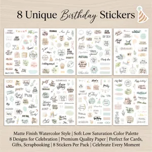 Complete collection of 8 matte finish watercolor birthday sticker sheets for scrapbooking