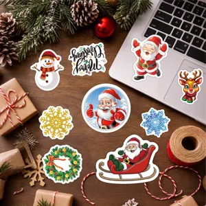 Selection of colorful Christmas cartoon stickers displayed on a festive wooden desk setting