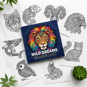 Detaillierte Ansicht der Mandala-Tierausmalbilder und des Wild Dreams Malbuch-Covers