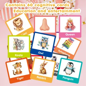 Vue détaillée de 60 cartes cognitives en aquarelle avec animaux et objets pour enfants